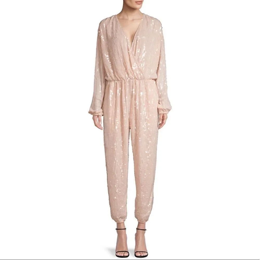 NWT ROSA CHA Lena Sequin Nude Faux-Wrap Tapered Jumpsuit